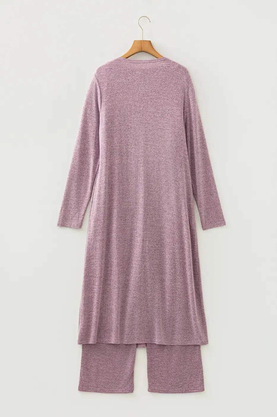 Back view of Heather Mauve Duster Lounge Trio – 3‑Piece Loungewear Set on hanger, displaying long duster and wide-leg pants in soft knit fabric.
