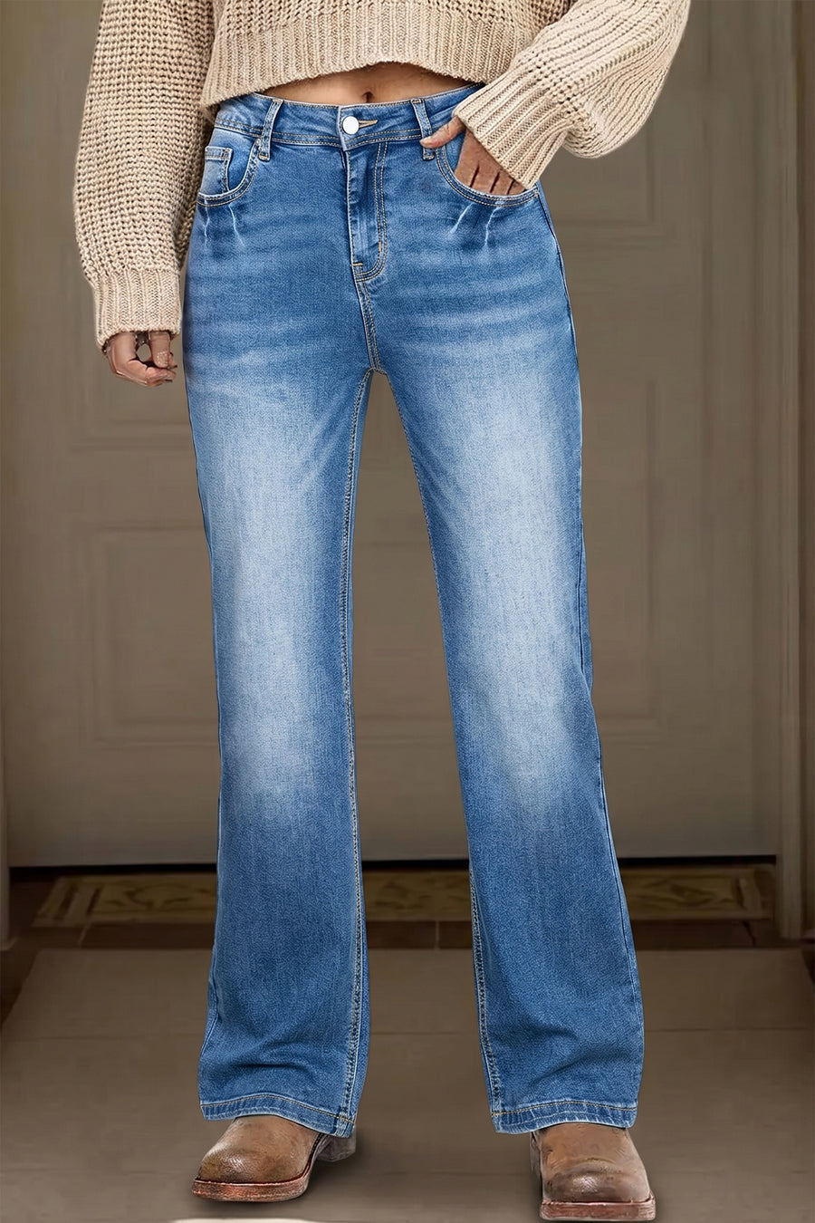 Acid Washed Straight Leg Full Length Jeans Women UK
