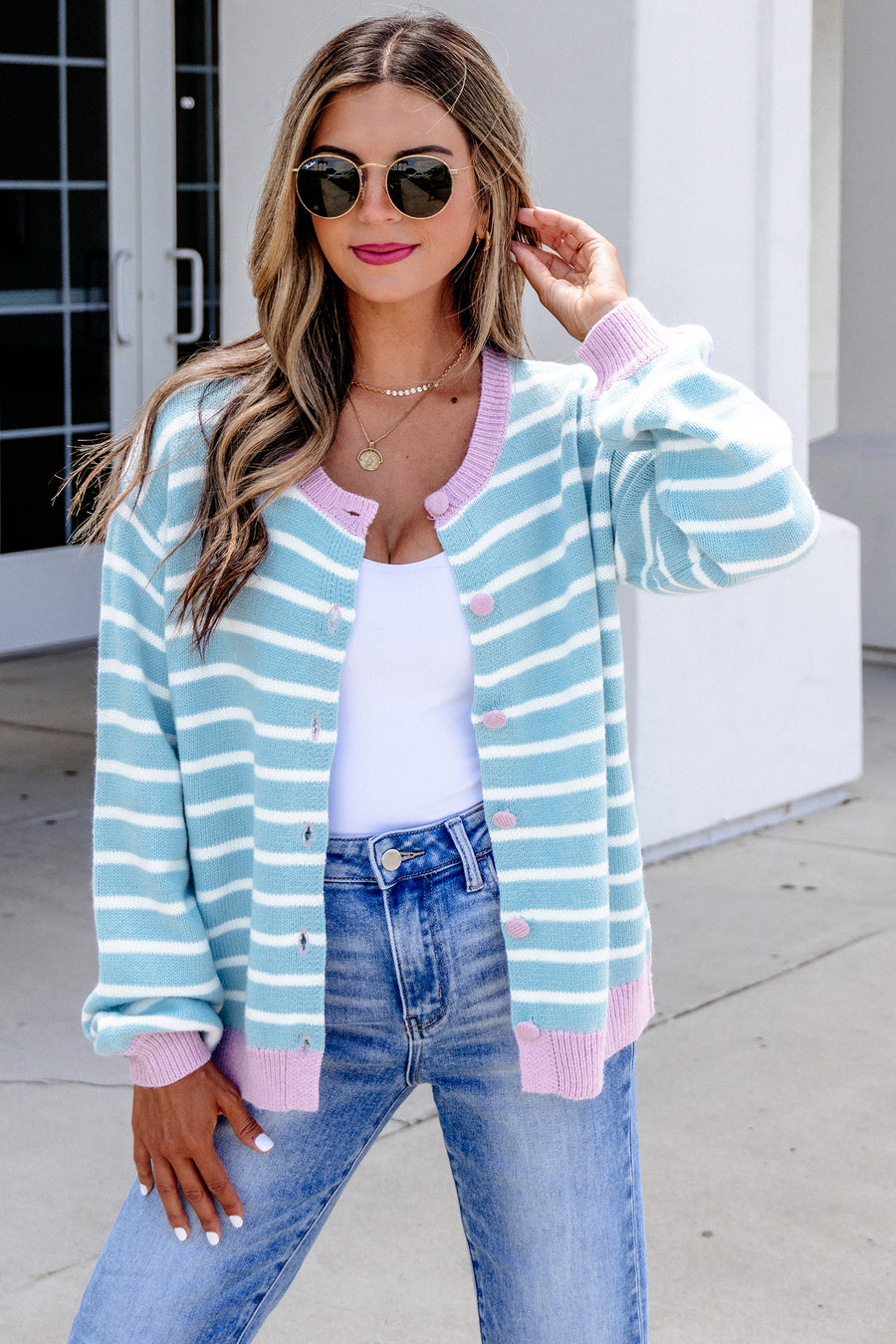 Stripe Contrast Trim Button Down Cardigan Women UK