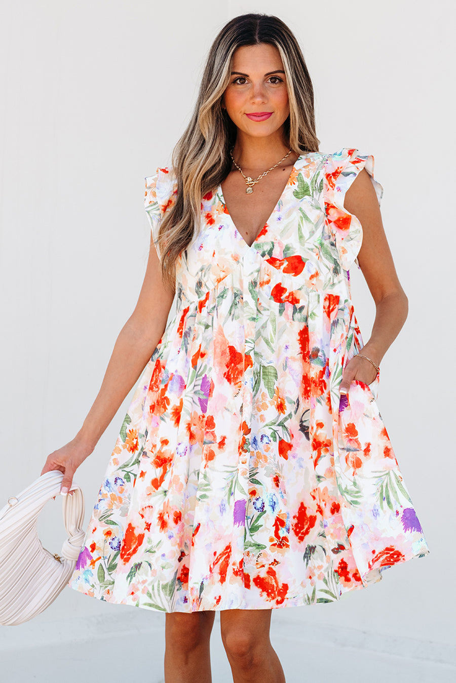 Pink Floral Double Ruffle Sleeve V Neck High Waist Mini Dress Women UK