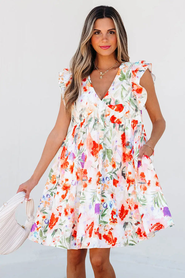 Pink Floral Double Ruffle Sleeve V Neck High Waist Mini Dress Women UK — front view