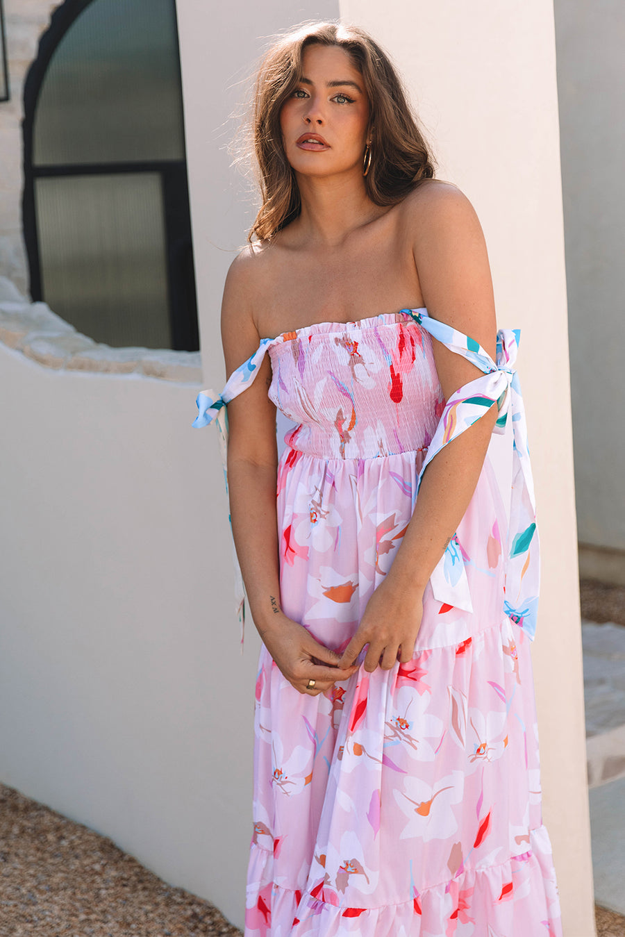 Pink Floral Knotted Shoulder Smocked Maxi Dress Women UK