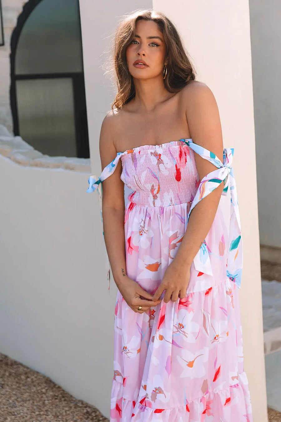 Pink Floral Knotted Shoulder Smocked Maxi Dress Women UK — model shot