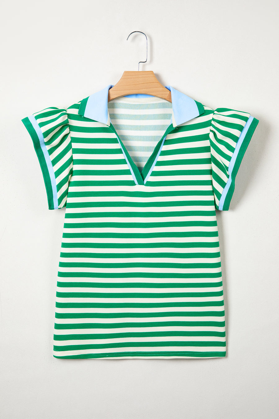 Stripe Contrast Trim Polo Collar Ruffled Short Sleeve Blouse