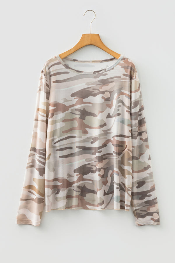 Back view of western camo print mesh long sleeve plus size top