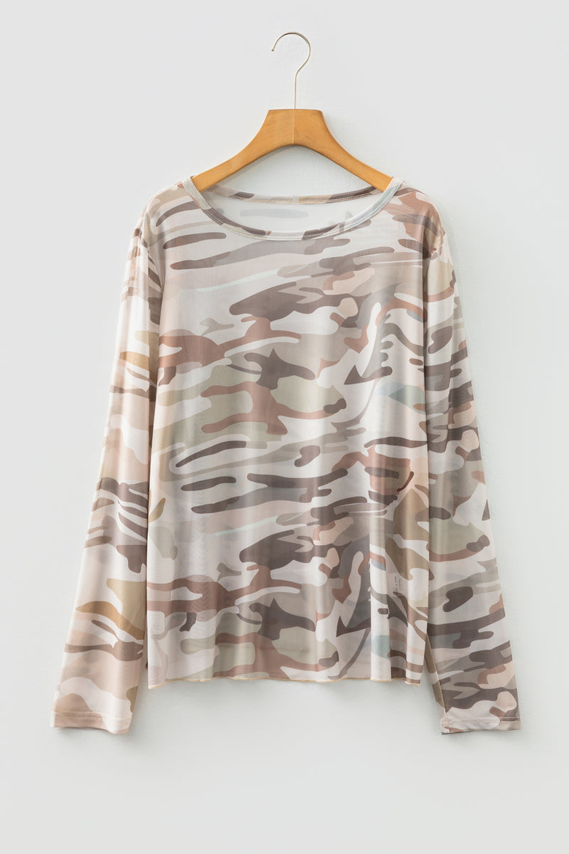 Back view of western camo print mesh long sleeve plus size top