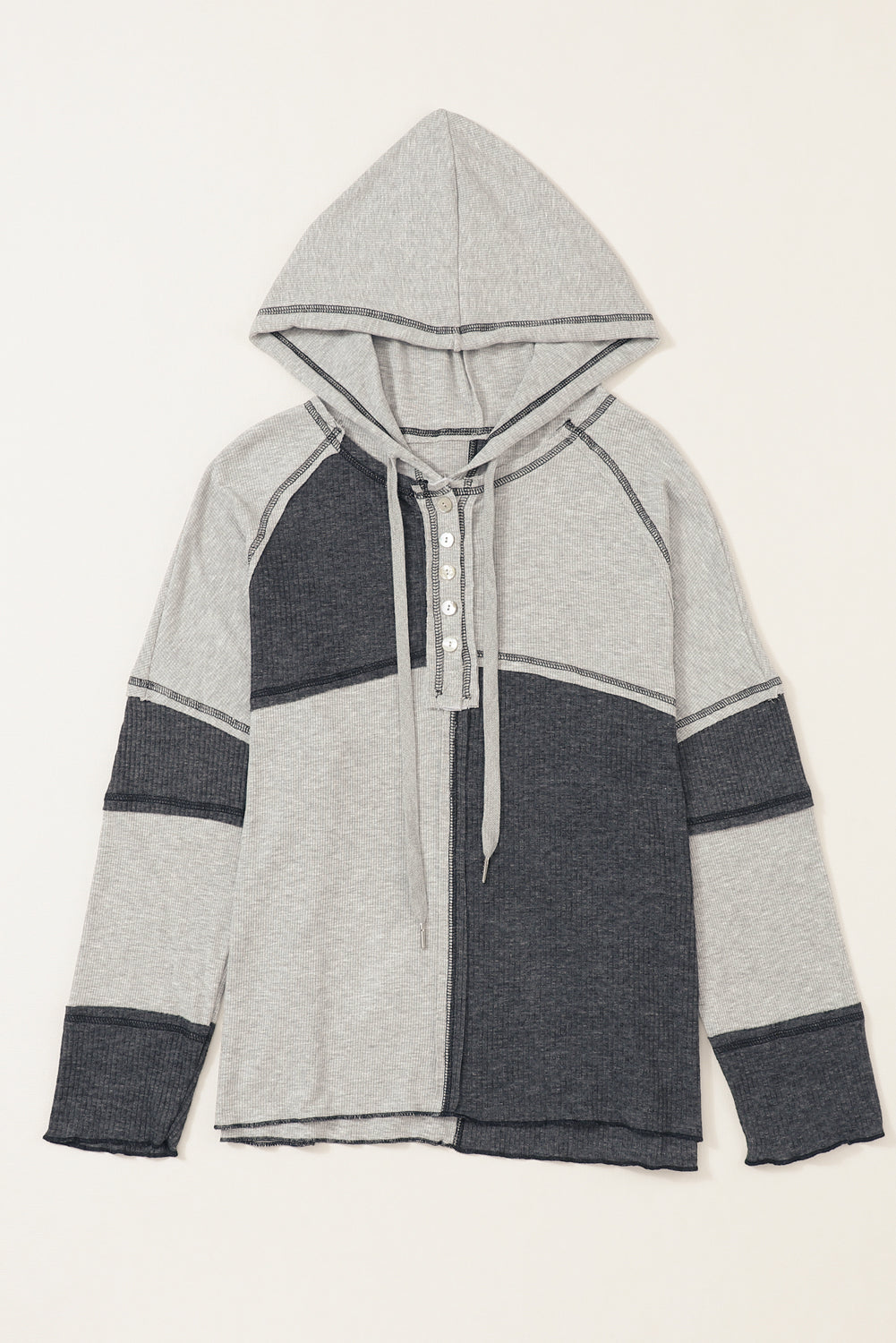 Color-Block Seamed Ribbed Henley Hoodie