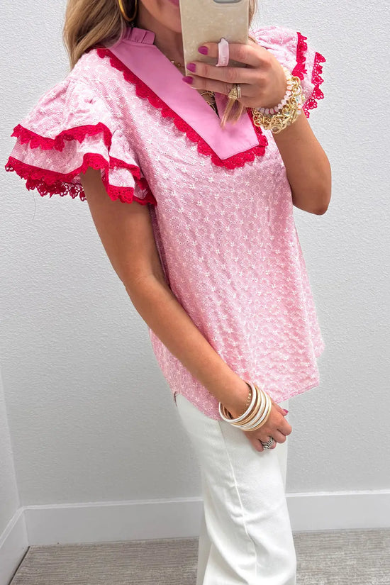 Eyelet embroidered flutter sleeve blouse with lace trim blouses