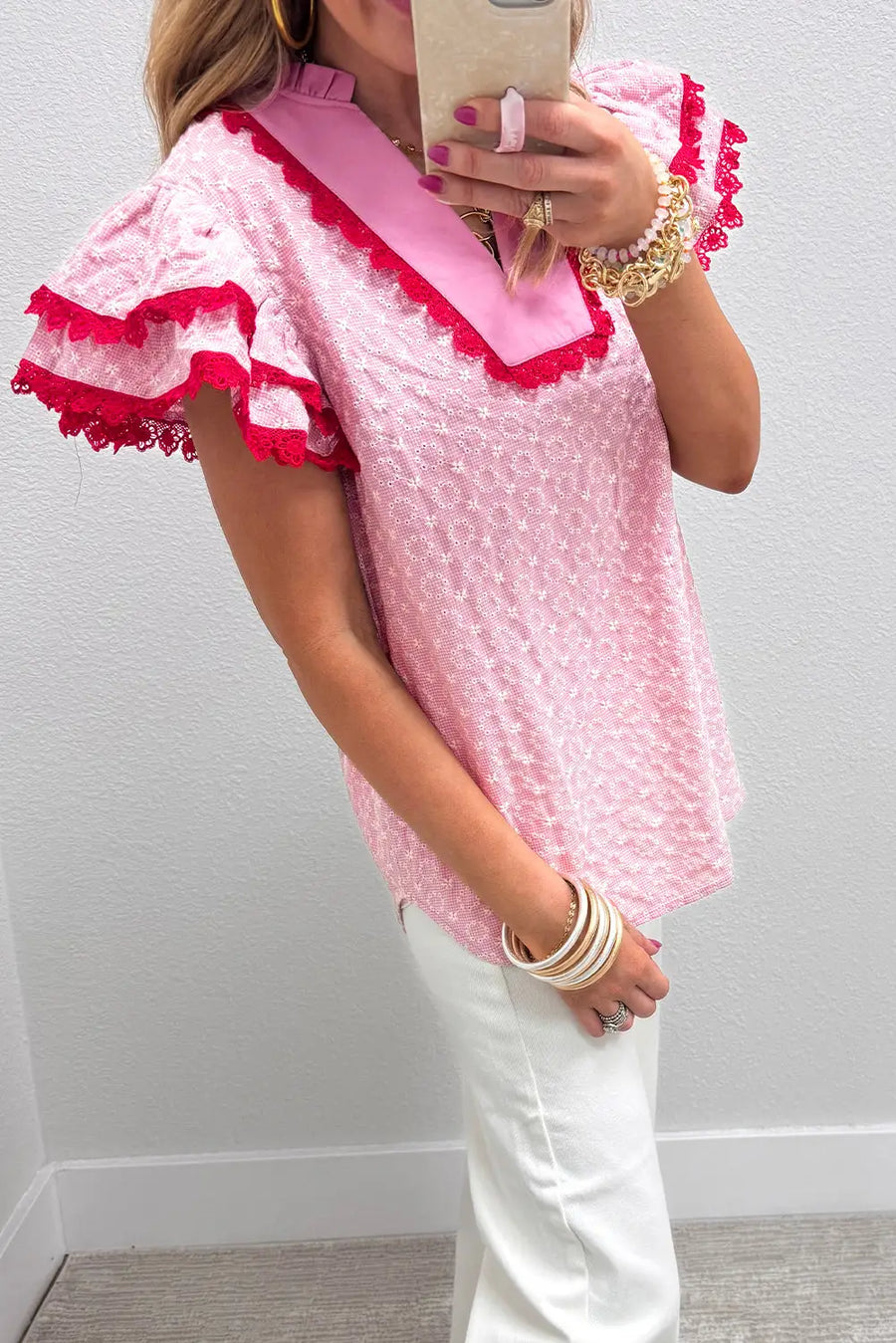 Eyelet embroidered flutter sleeve blouse with lace trim blouses