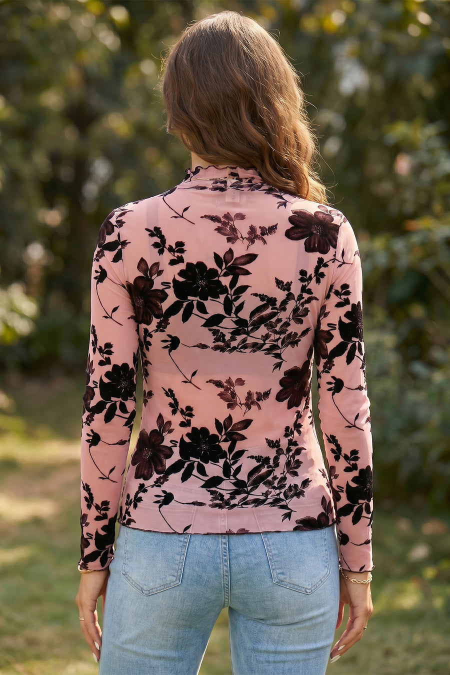 Retro Floral Mesh Long Sleeve Pullover Blouse Women UK