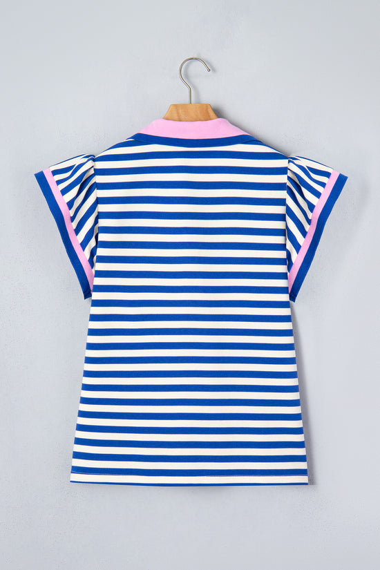 Stripe Contrast Trim Polo Collar Ruffled Short Sleeve Blouse