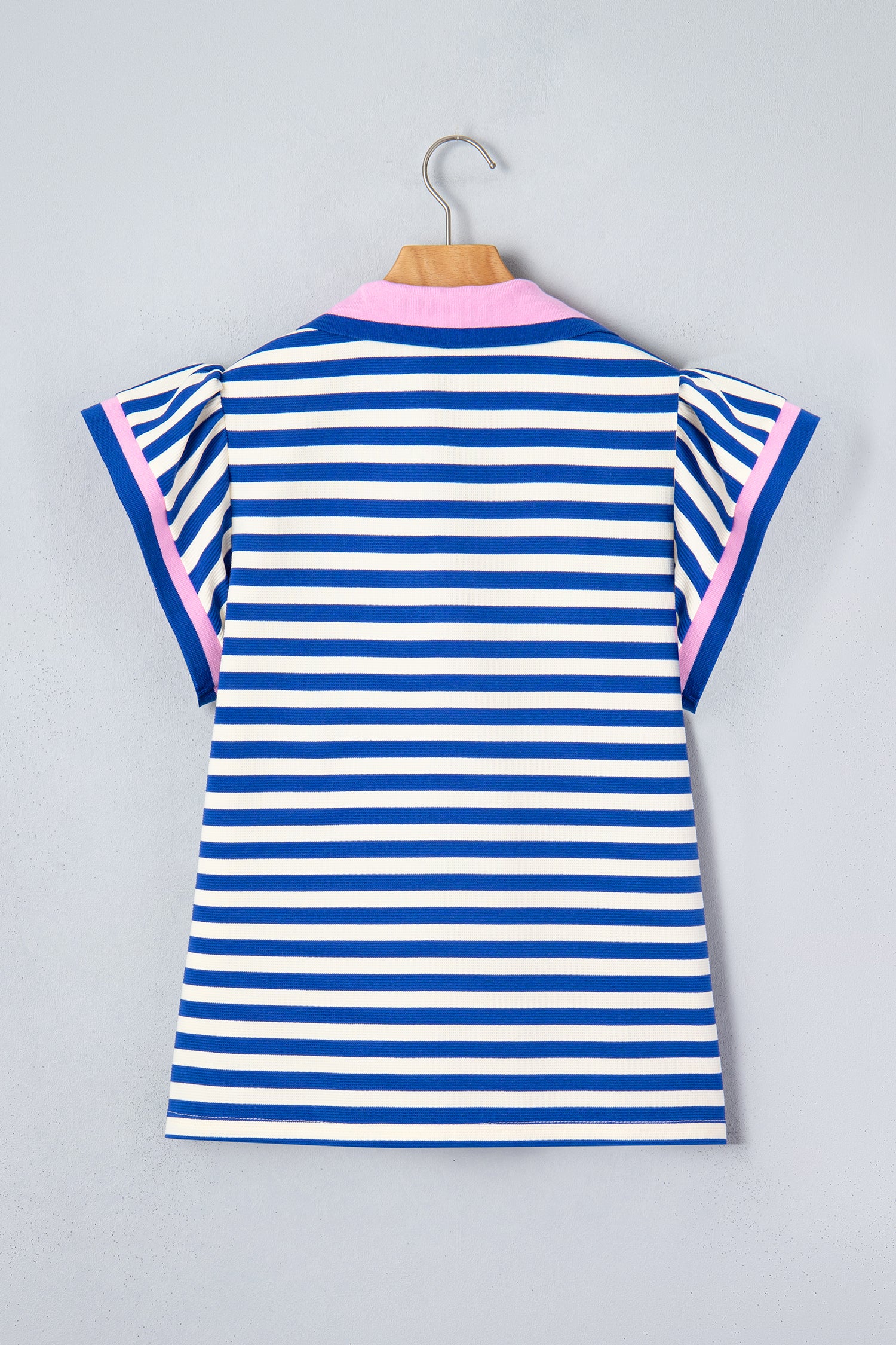 Stripe Contrast Trim Polo Collar Ruffled Short Sleeve Blouse