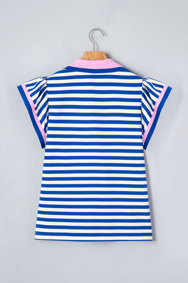 Stripe Contrast Trim Polo Collar Ruffled Short Sleeve Blouse — side view | Fashionfitz UK