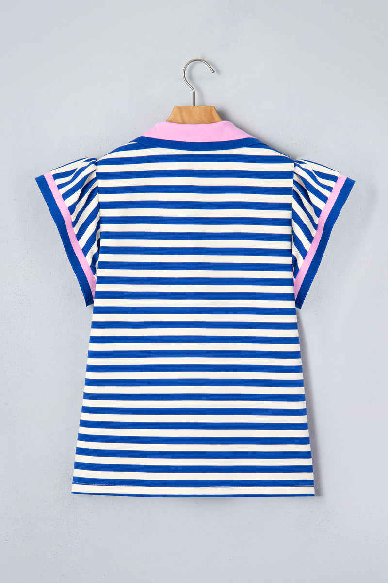 Stripe Contrast Trim Polo Collar Ruffled Short Sleeve Blouse — side view | Fashionfitz UK