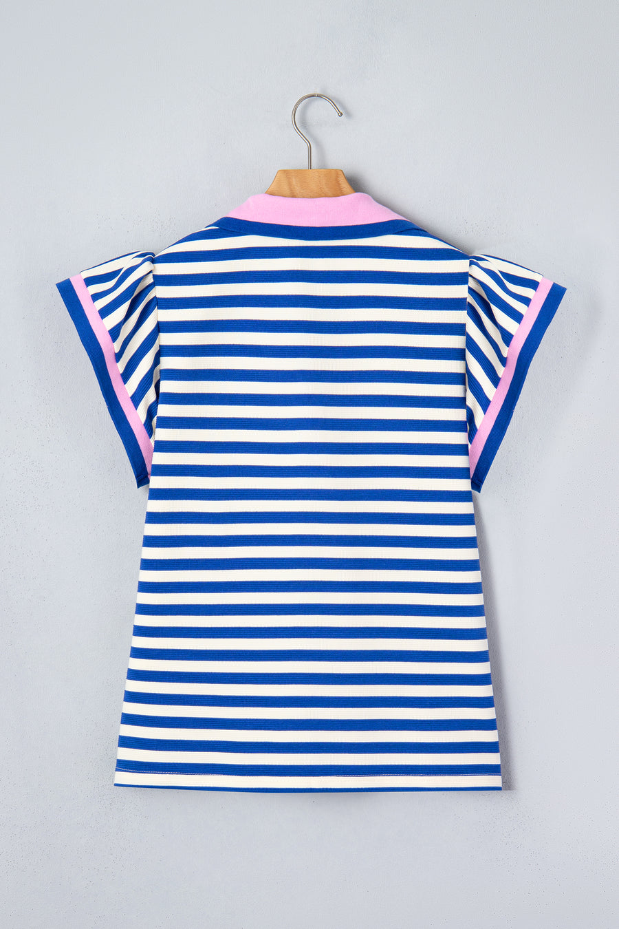 Stripe Contrast Trim Polo Collar Ruffled Short Sleeve Blouse — side view | Fashionfitz UK