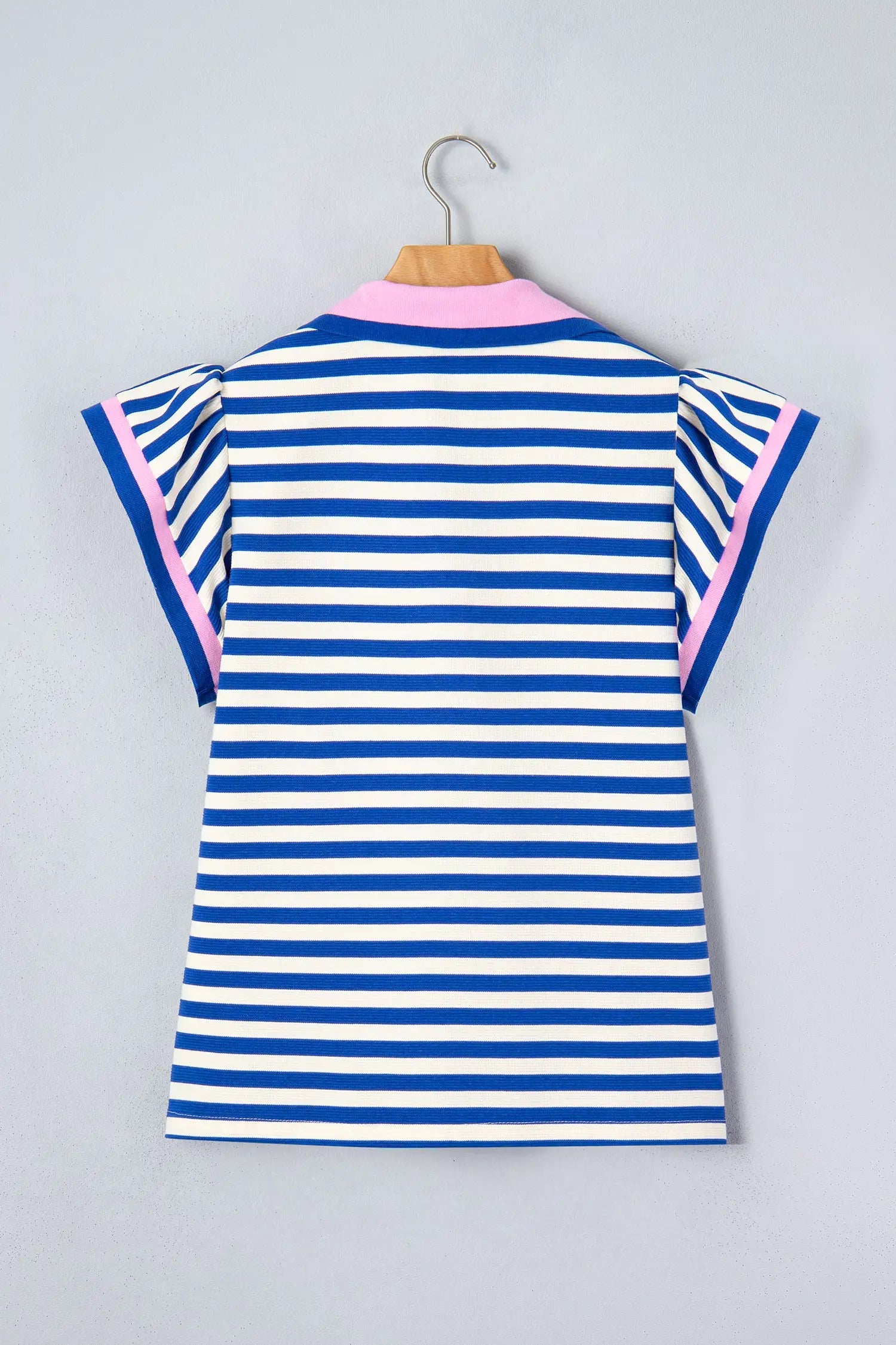 Women's stripe polo collar blouse back view ruffled casual
