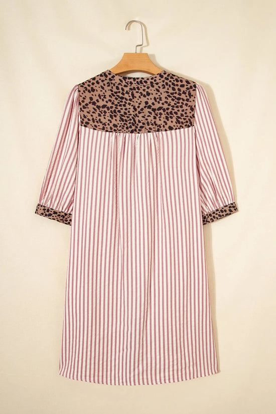 Stripe leopard patchwork shirt dress bracelet sleeve button down mini dresses