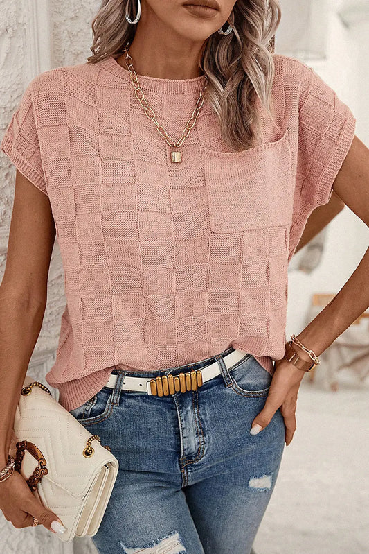 Lattice textured knit sweater – short sleeves sweaters