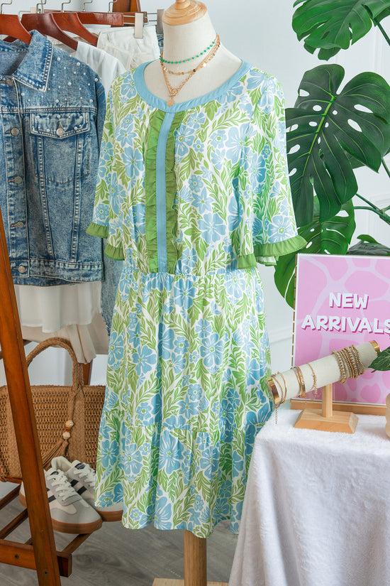 Sky Blue Floral High Waist Ruffle Short Sleeve Mini Dress Women UK