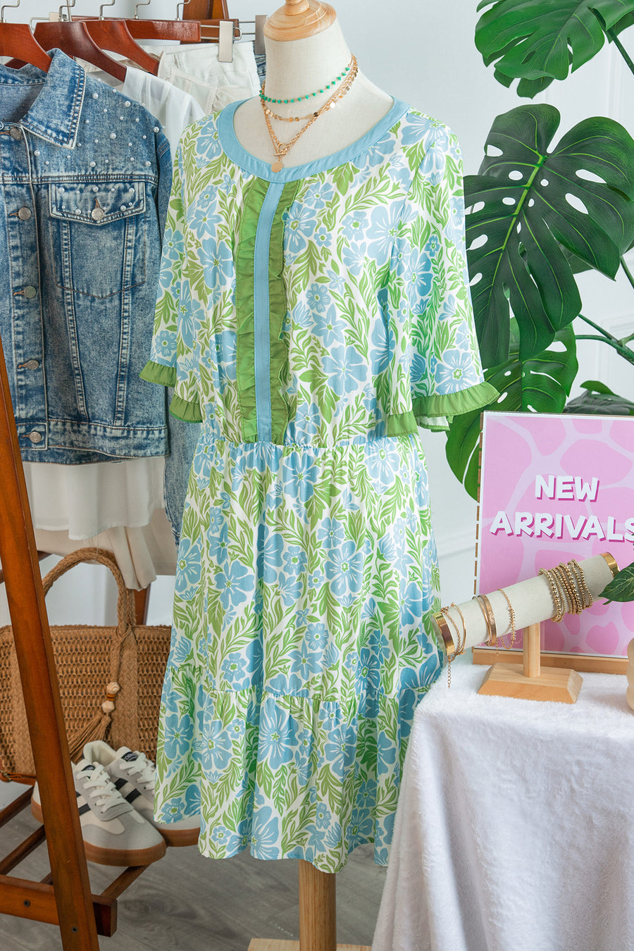 Sky Blue Floral High Waist Ruffle Short Sleeve Mini Dress Women UK