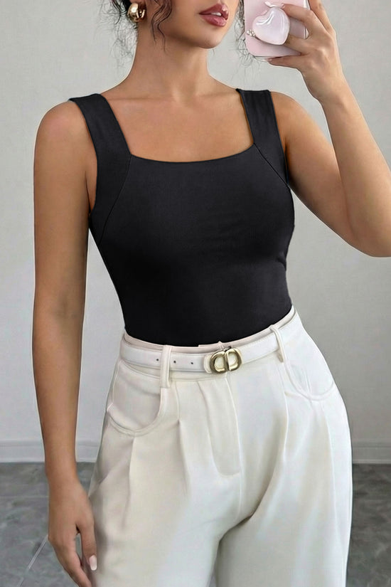 Wide Strap Splicing Athleisure Square Neck Tank Top Women UK