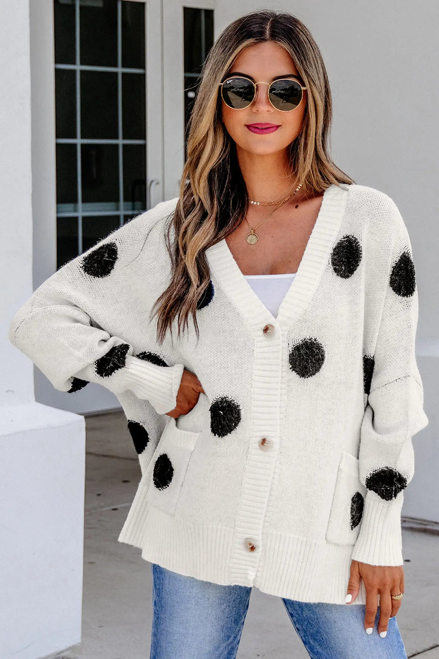 Polka Dot Button Front Oversized V-Neck Cardigan