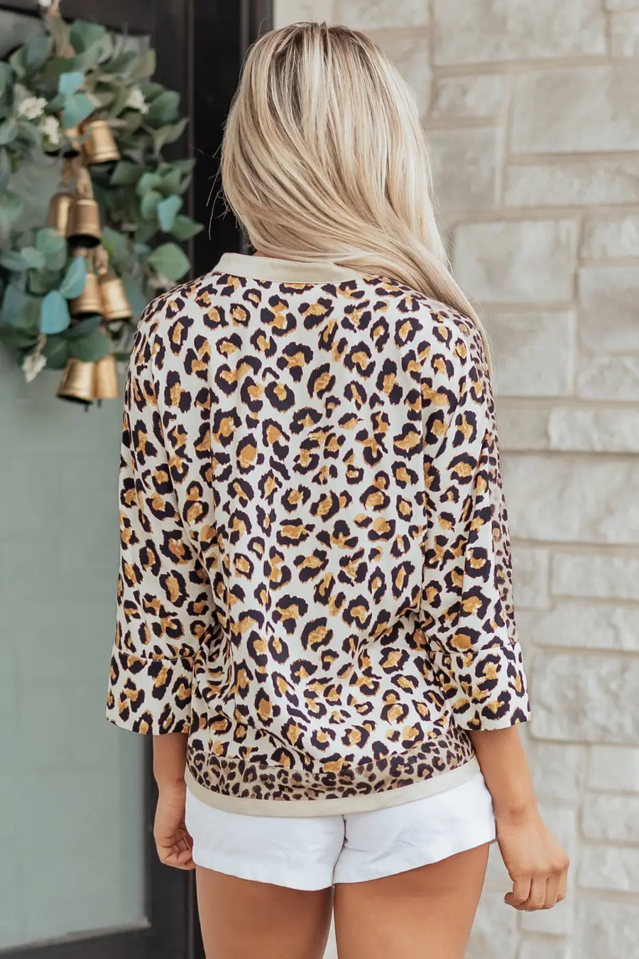 Khaki Leopard Panel 3/4 Sleeve Relaxed Shirt Women UK styled as a bold characterful casual outfit — Fashionfitz