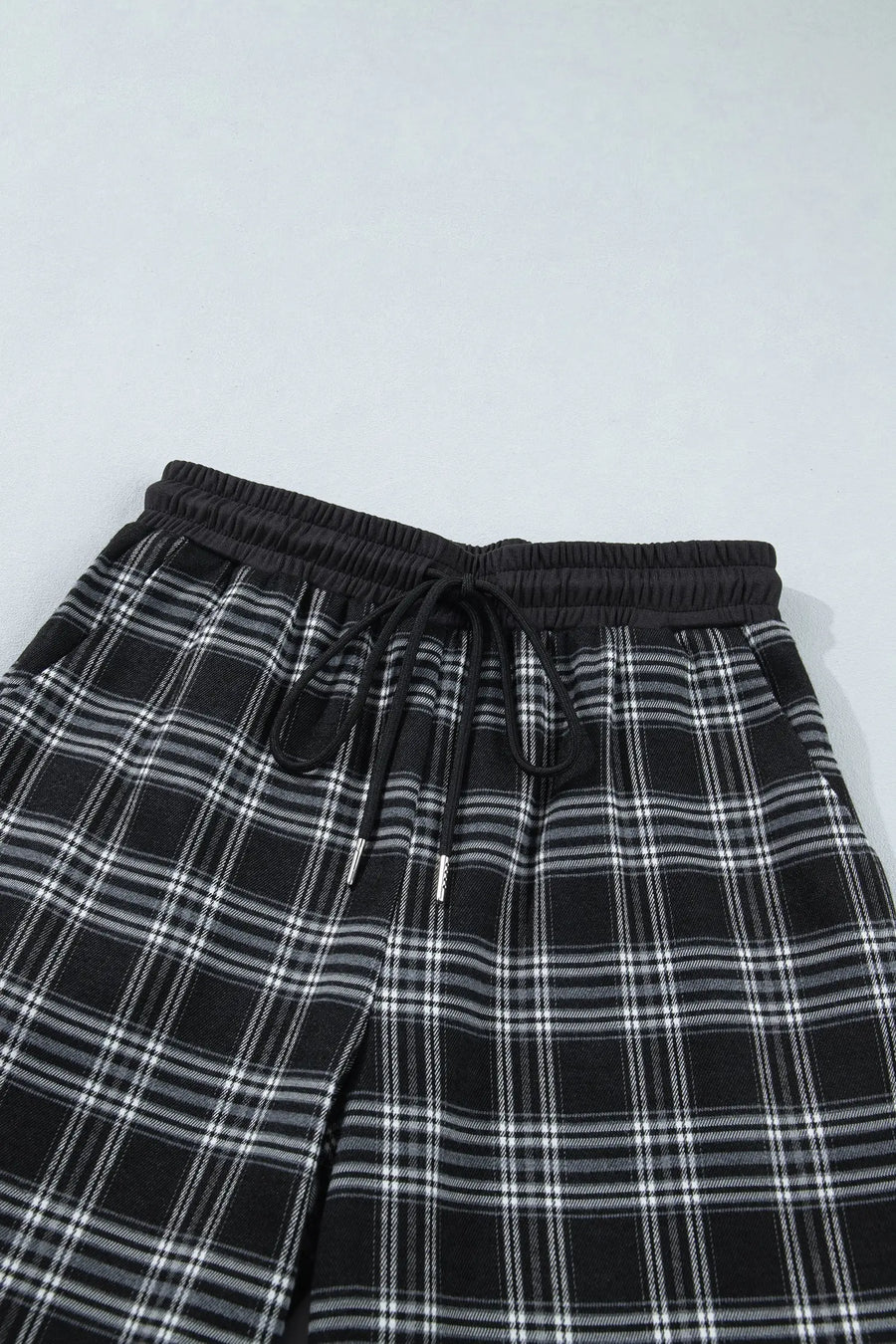 Plaid Contrast Drawstring Waist Wide Leg Trousers — back view | Fashionfitz UK