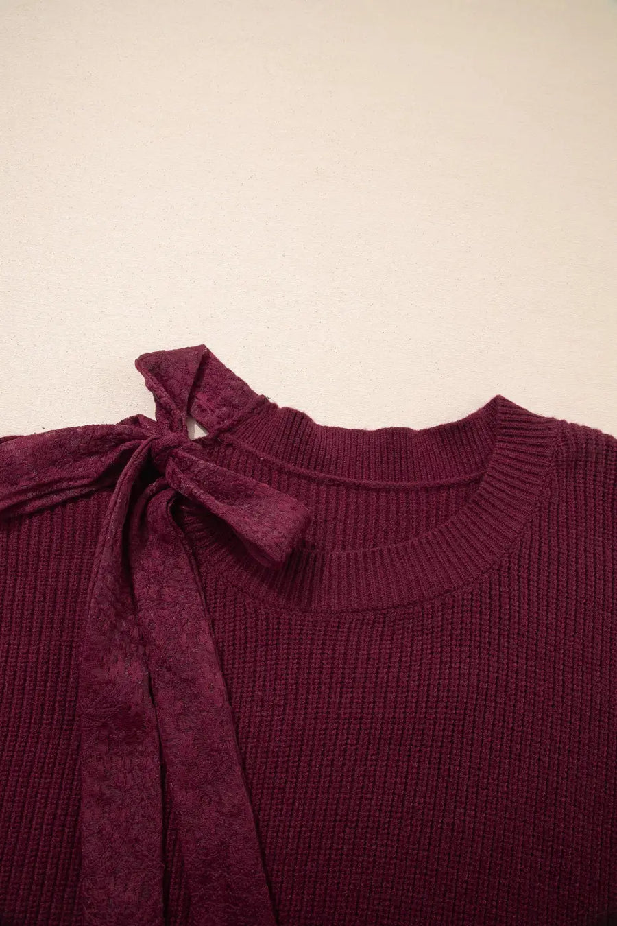 Burgundy lace bow sweater | asymmetric off shoulder jumper sweaters