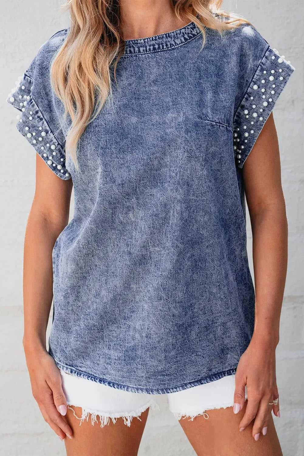 Denim Top - Dusk Blue Acid Wash Pearl Embellishments - Fashionfitz