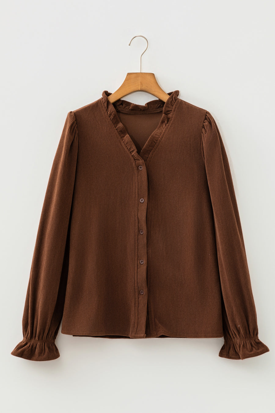 Ruffle Trim V-Neck Corduroy Shacket
