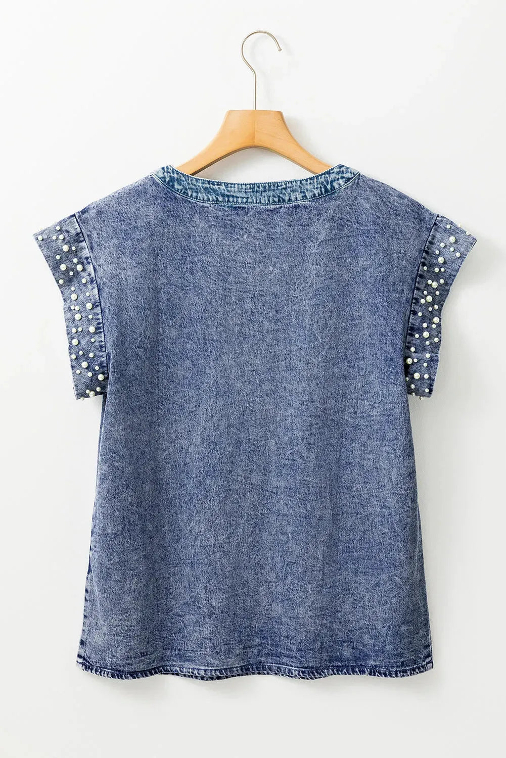 Denim Top - Dusk Blue Acid Wash Pearl Embellishments - Fashionfitz