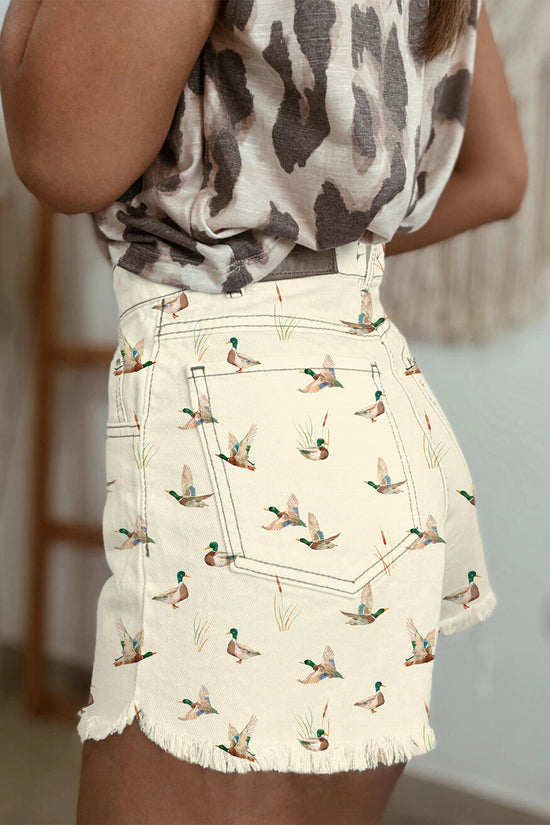 Women's printed denim shorts side view raw hem summer