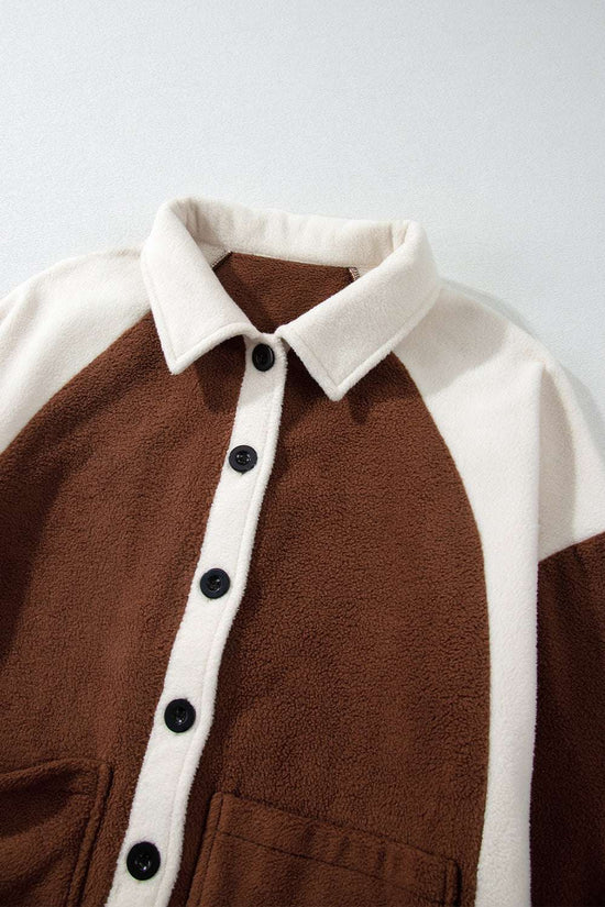 Flat lay of collar and button front on Ladies Brown Panels Fleece Shacket Winter Casual, showcasing structured collar and fleece texture.