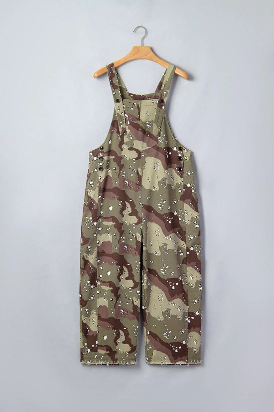 Full length view of green camo denim overall jumpsuit styled casually with trainers, Fashionfitz