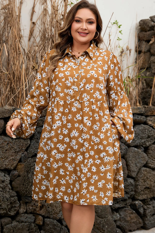 Khaki Plus Size Daisy Floral Button Split Neck Dress Women UK — front view