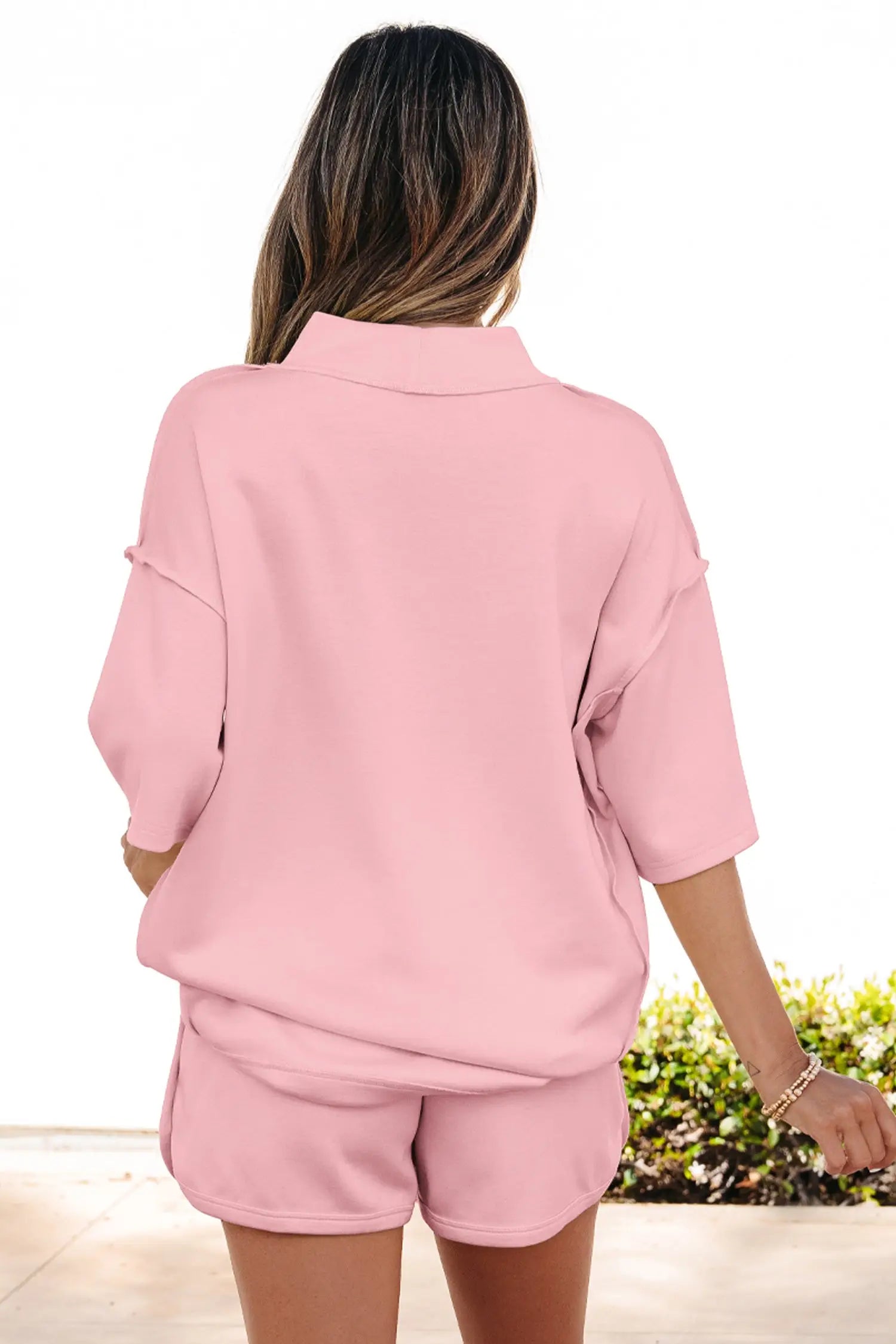 Exposed seam mock neck oversized tee shorts two piece set pockets outfit sets