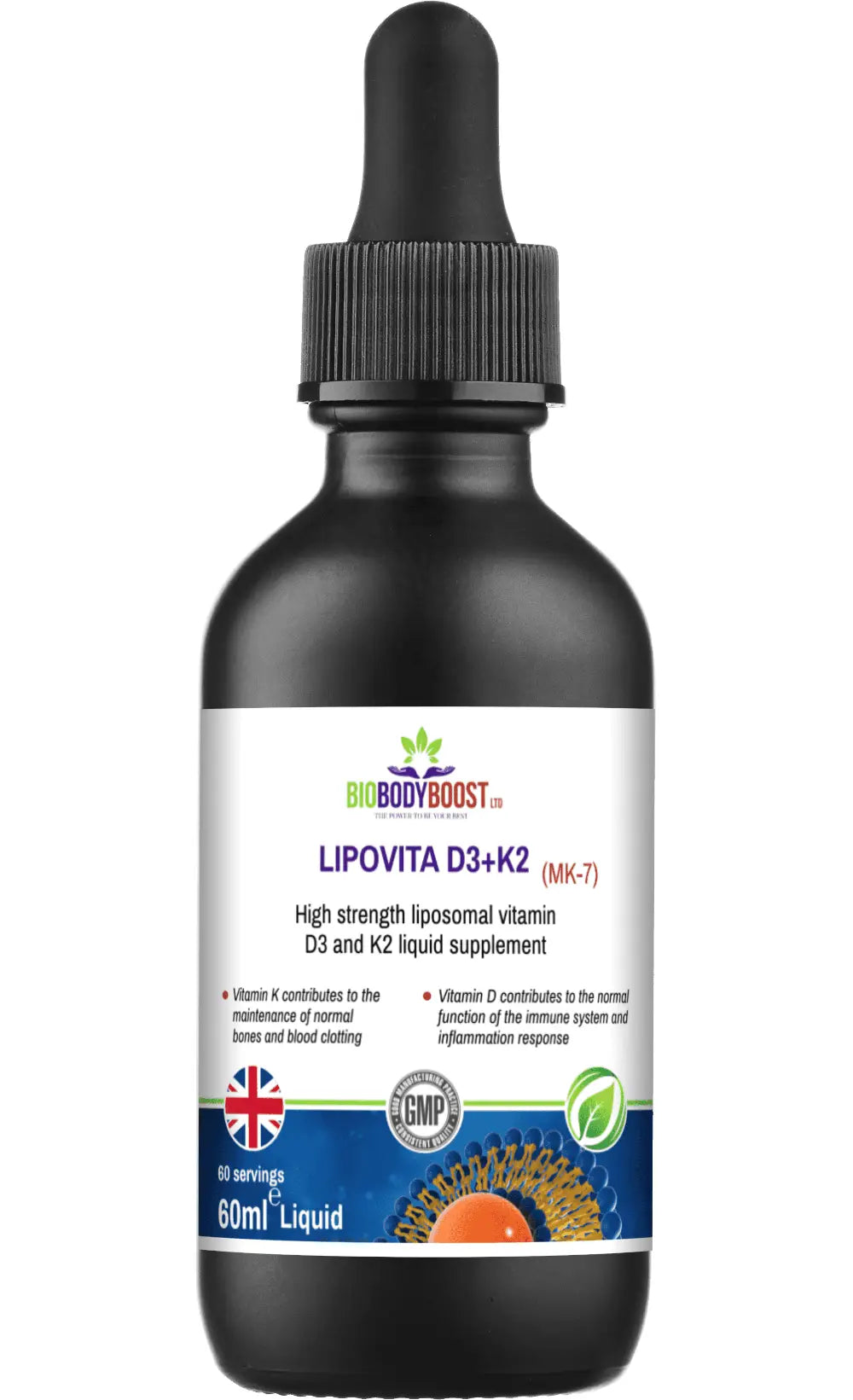 Lipovita D3 K2 Vegan Liposomal Drops — 4000IU D3 & 100µg K2 MK7 in 60ml dropper bottle, BioBodyBoost UK