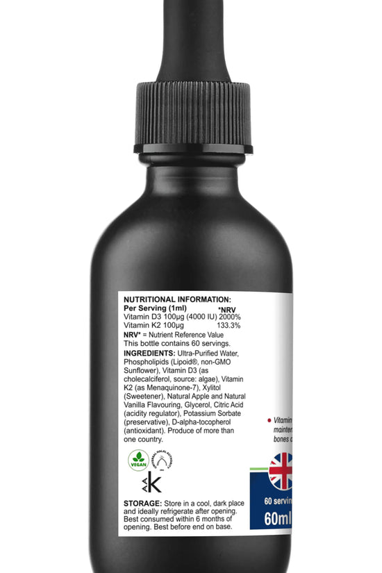 Back label of Lipovita D3 K2 Drops showing nutritional information and ingredients