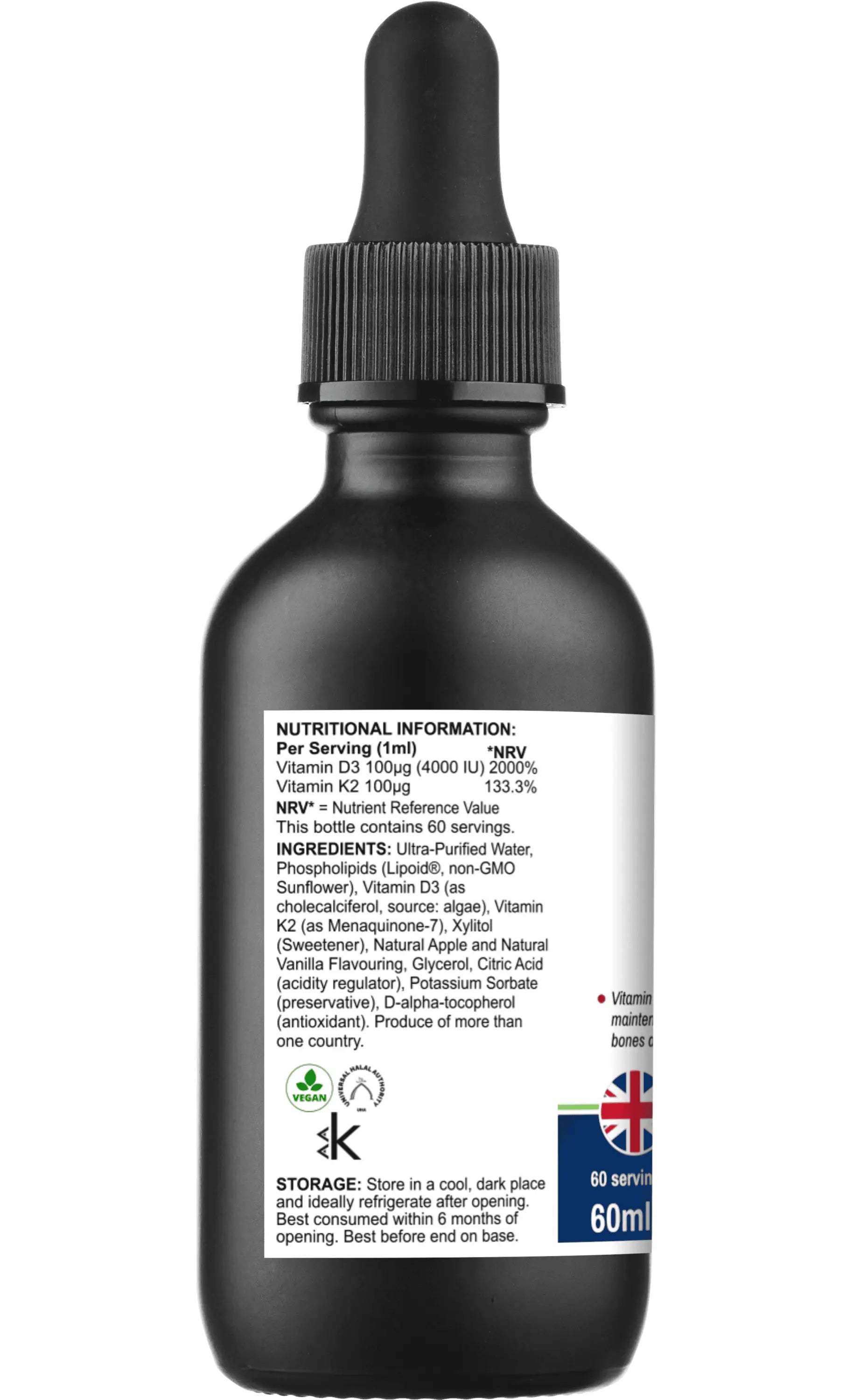Back label of Lipovita D3 K2 Drops showing nutritional information and ingredients
