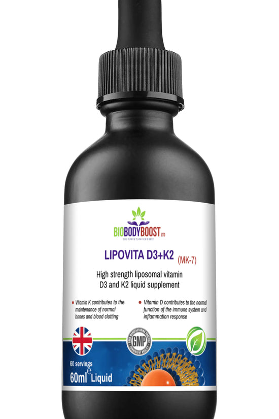 Top view of Lipovita D3 K2 Drops highlighting vegan formula and UK-made certification