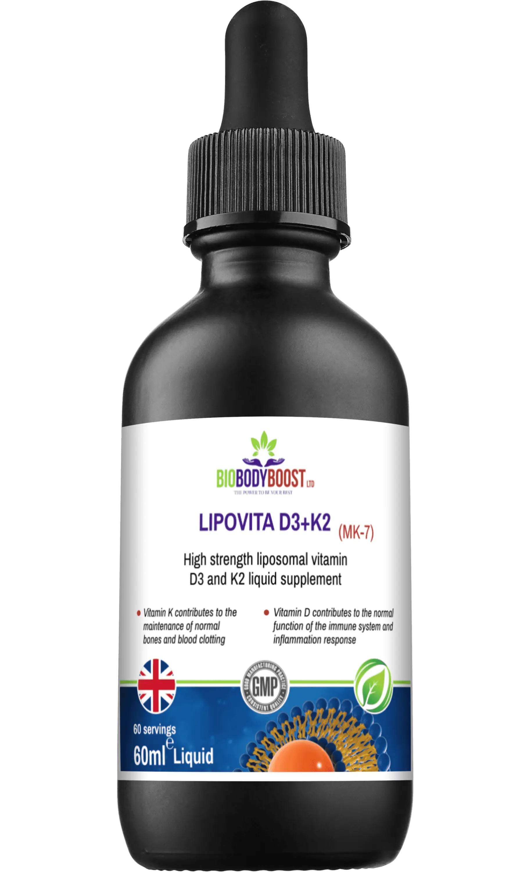 Top view of Lipovita D3 K2 Drops highlighting vegan formula and UK-made certification