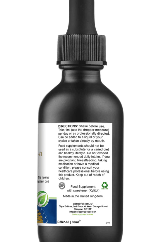 Side label of Lipovita D3 K2 Drops with usage directions and storage instructions