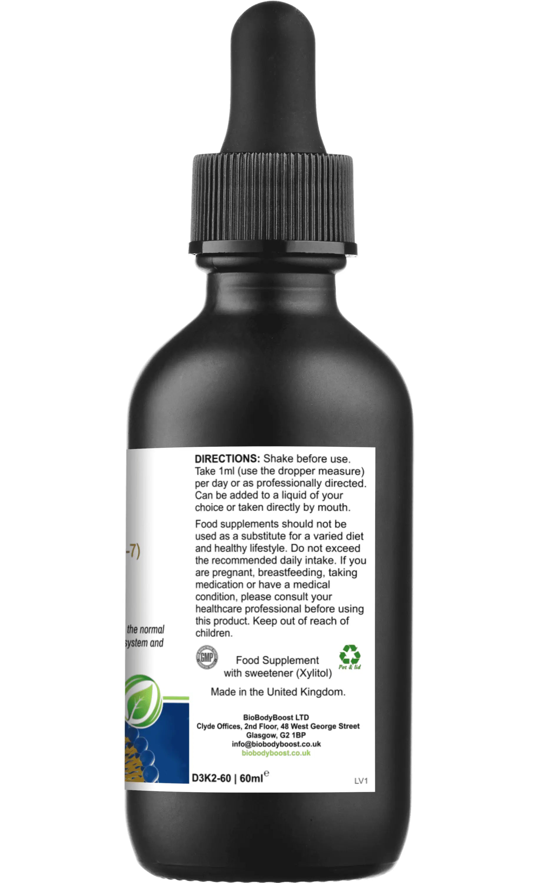 Side label of Lipovita D3 K2 Drops with usage directions and storage instructions