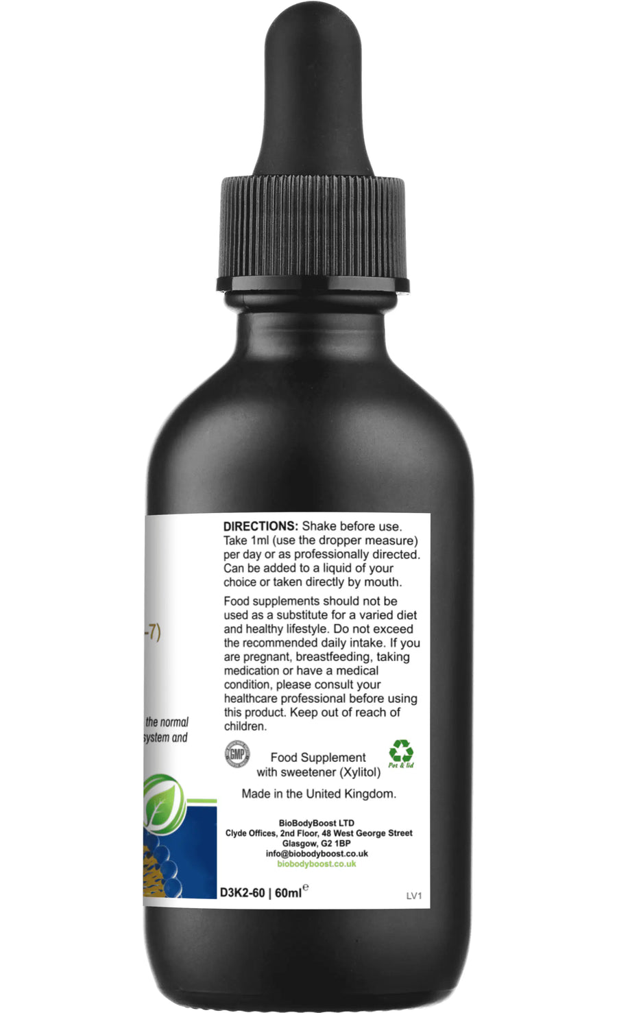 Side label of Lipovita D3 K2 Drops with usage directions and storage instructions
