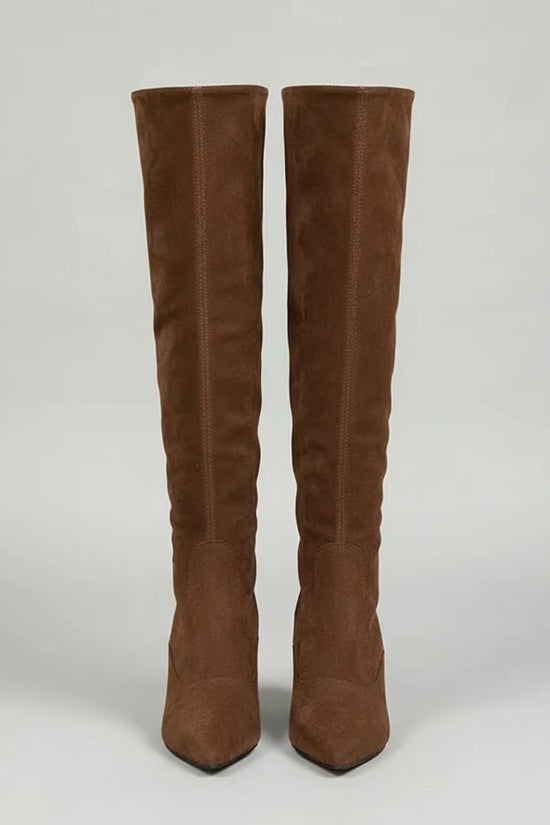 Brown retro suede knee-high boots with pointed toe and slim kitten heel, perfect for modern women’s fashion looks.