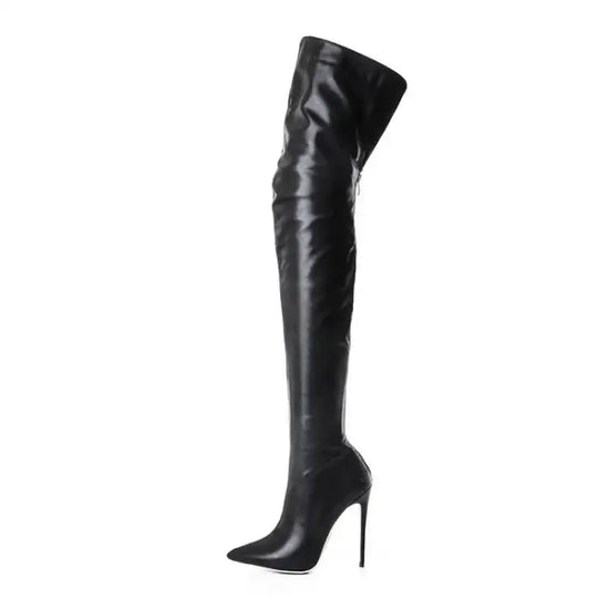 Single black over knee boot with pointed toe and 11cm stiletto heel. Women’s stretch boot with back zipper for easy wear.