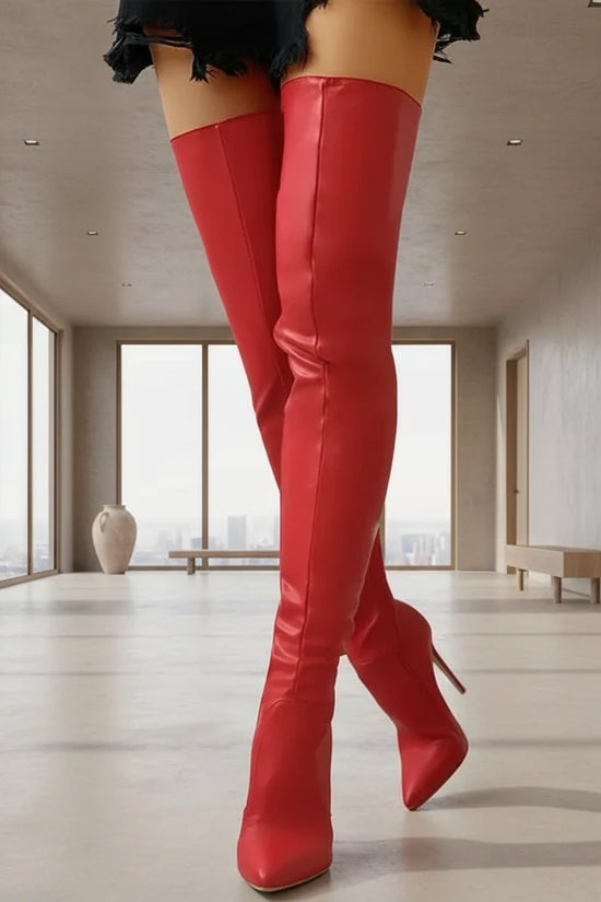 Red over knee stretch boots for women with 11cm high heel and pointed toe. Fashion-forward footwear for bold statement looks.