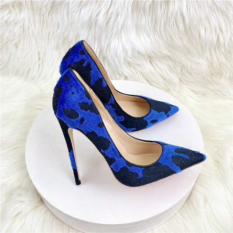 Blue Black Graffiti Suede Stiletto High Heels Shoes