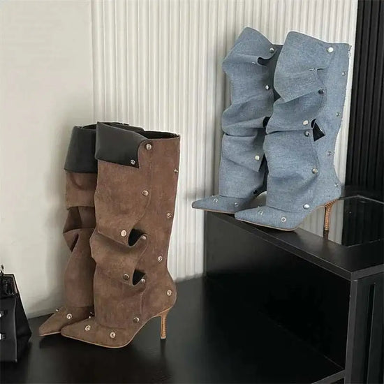 Side-by-side view of denim and brown suede women's knee high boots with pleated design and thin heels, ideal for trendy outfits.